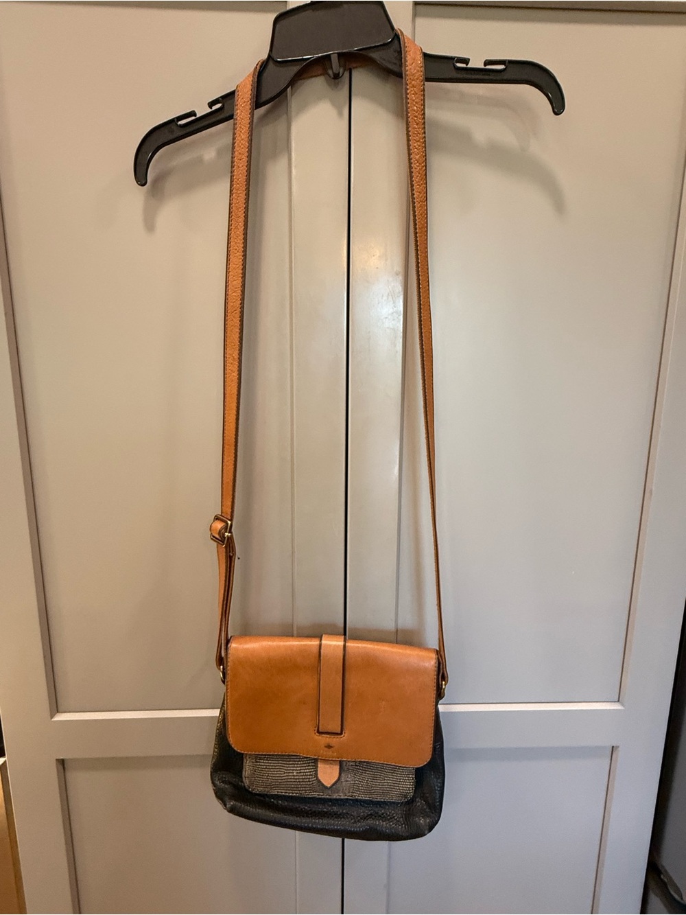 Fossil Tan and Black Crossbody Leather Flap Bag with Fabric Panel